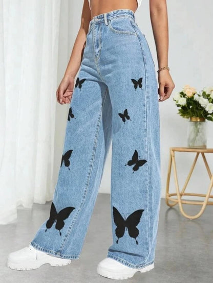 LVSANW 2024 Fall Trousers High Waist Butterfly Print Y2K Jeans For Women Fashion Loose Denim Straight Leg Pants Casual Clothing XS-L