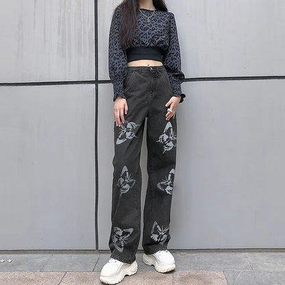 LVSANW 2024 Fall Trousers High Waist Butterfly Print Y2K Jeans For Women Fashion Loose Denim Straight Leg Pants Casual Clothing XS-L