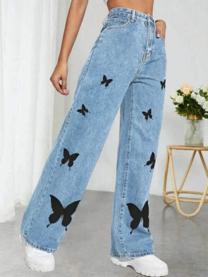 LVSANW 2024 Fall Trousers High Waist Butterfly Print Y2K Jeans For Women Fashion Loose Denim Straight Leg Pants Casual Clothing XS-L