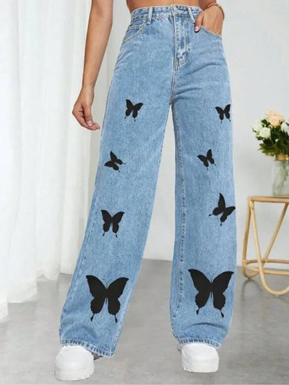 LVSANW 2024 Fall Trousers High Waist Butterfly Print Y2K Jeans For Women Fashion Loose Denim Straight Leg Pants Casual Clothing XS-L