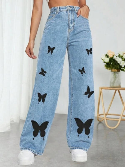 LVSANW 2024 Fall Trousers High Waist Butterfly Print Y2K Jeans For Women Fashion Loose Denim Straight Leg Pants Casual Clothing XS-L