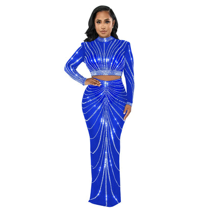 LVSANW 2024 Long Sleeve Mesh Maxi Bodycon Elegant Party Sparkly Rhinestone For Birthday Dress Sexy Club Two Piece Sets Womens Outifits