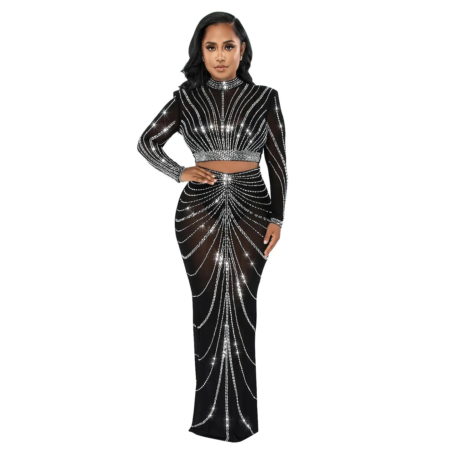 LVSANW 2024 Long Sleeve Mesh Maxi Bodycon Elegant Party Sparkly Rhinestone For Birthday Dress Sexy Club Two Piece Sets Womens Outifits