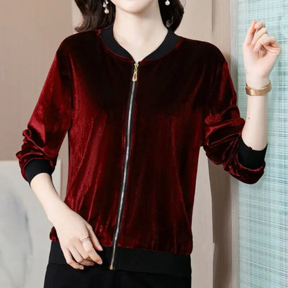 LVSANW 2024 New Autumn and Winter Fashion Trend Simple Solid Casual Loose Oversize Gold Velvet Baseball Jacket Women's Short Jacket