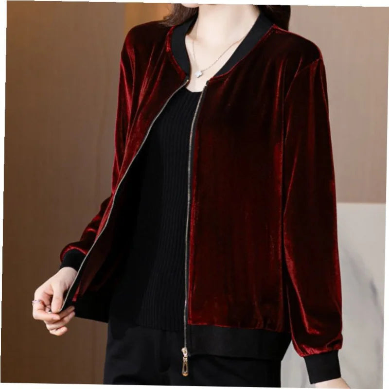 LVSANW 2024 New Autumn and Winter Fashion Trend Simple Solid Casual Loose Oversize Gold Velvet Baseball Jacket Women's Short Jacket