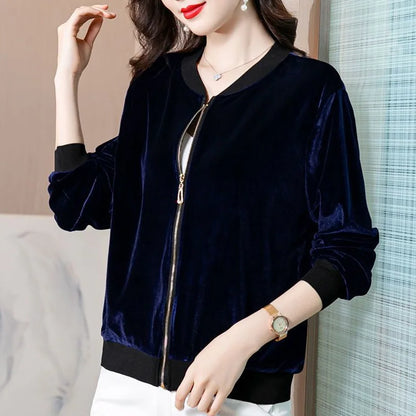 LVSANW 2024 New Autumn and Winter Fashion Trend Simple Solid Casual Loose Oversize Gold Velvet Baseball Jacket Women's Short Jacket