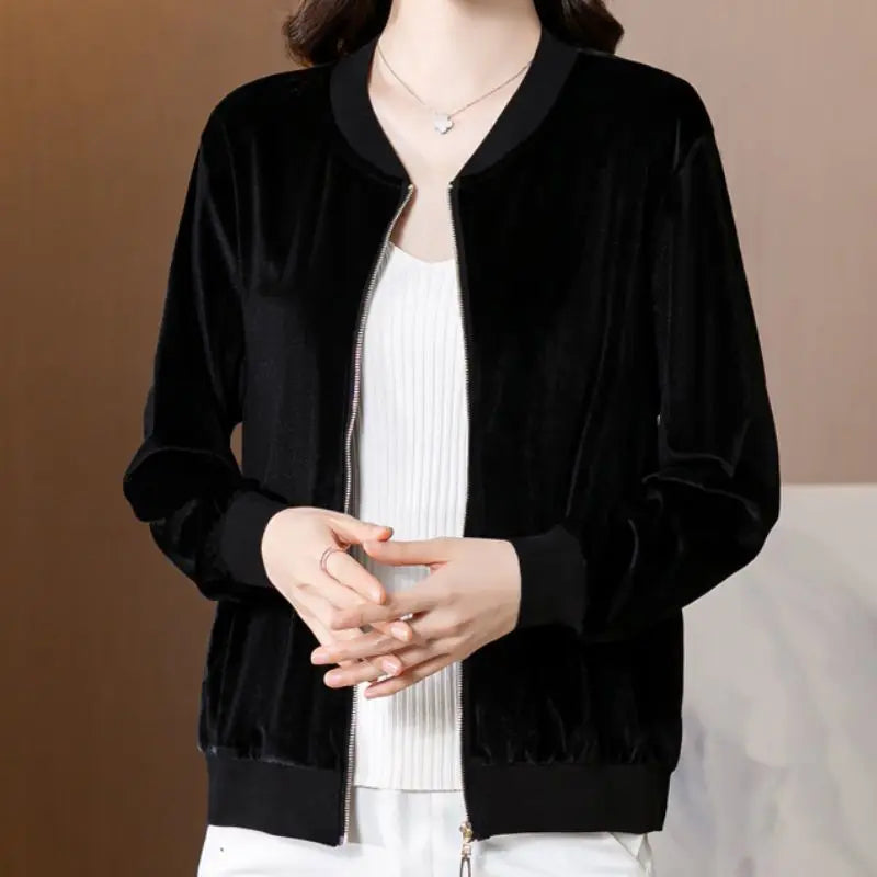 LVSANW 2024 New Autumn and Winter Fashion Trend Simple Solid Casual Loose Oversize Gold Velvet Baseball Jacket Women's Short Jacket