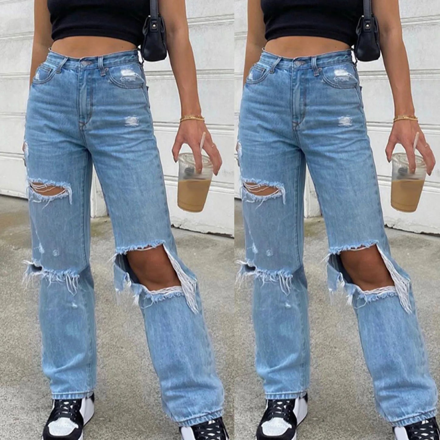 LVSANW 2024 New Baggy Jeans Women Ripped Hole Denim Pants Streetwear High Waist Pocket Straight Trousers Loose Jeans джинсы женский