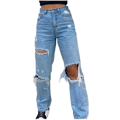 LVSANW 2024 New Baggy Jeans Women Ripped Hole Denim Pants Streetwear High Waist Pocket Straight Trousers Loose Jeans джинсы женский