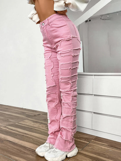 LVSANW 2024 New European and American Streetwise Stretch Patch Jeans for Women High Street Straight Fit Long Women's Jeans