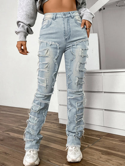 LVSANW 2024 New European and American Streetwise Stretch Patch Jeans for Women High Street Straight Fit Long Women's Jeans