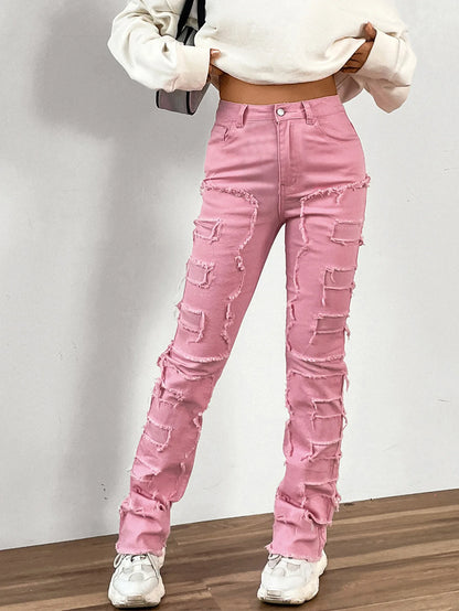 LVSANW 2024 New European and American Streetwise Stretch Patch Jeans for Women High Street Straight Fit Long Women's Jeans