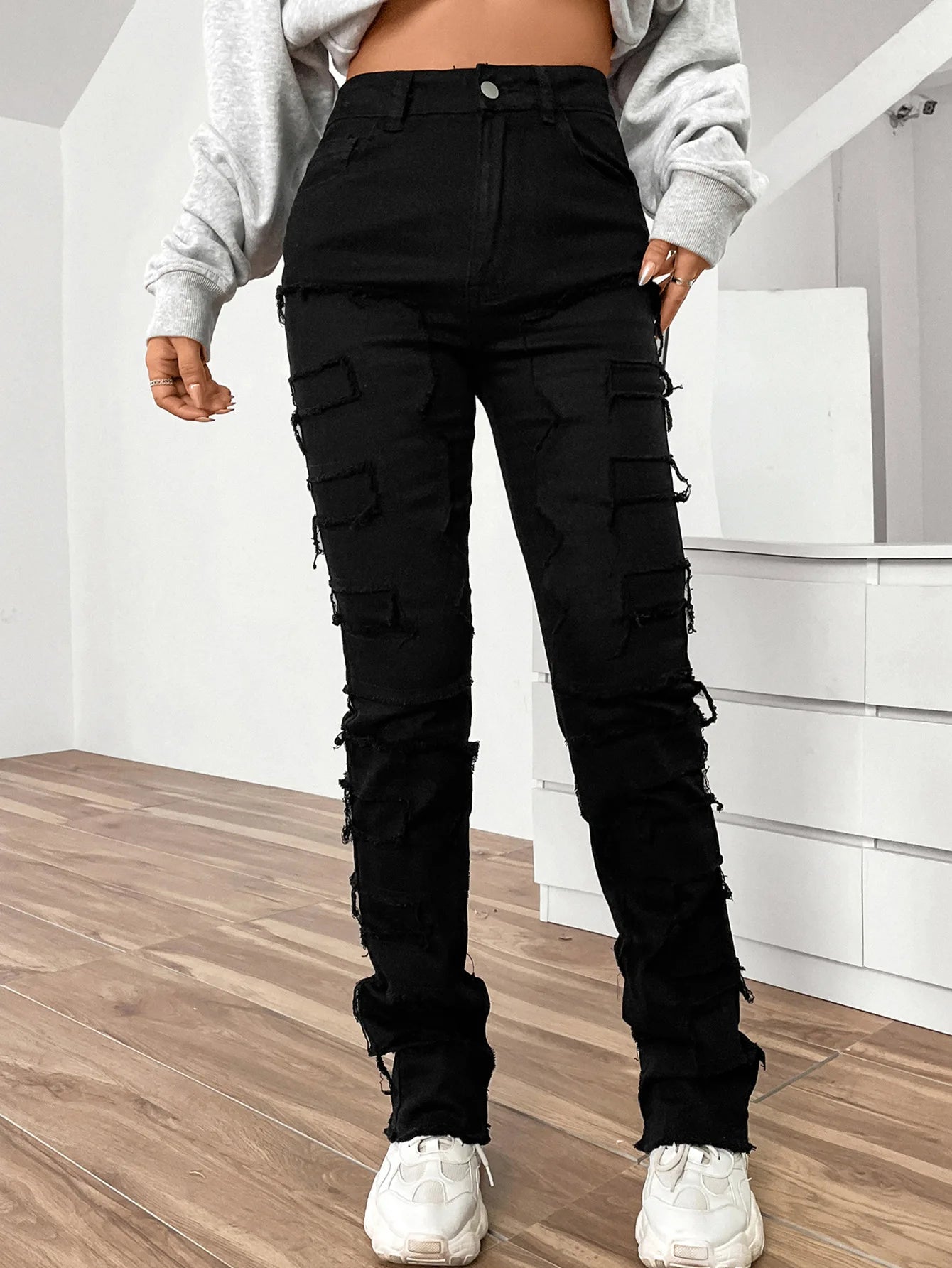 LVSANW 2024 New European and American Streetwise Stretch Patch Jeans for Women High Street Straight Fit Long Women's Jeans