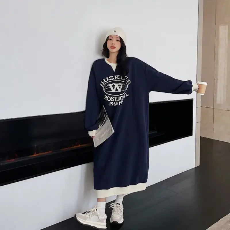 LVSANW 2025 New O-neck Pullovers Autumn Winter Thin Fashion Loose Long Dress Streetwear Dresses Printing Young Style Women's Clothing