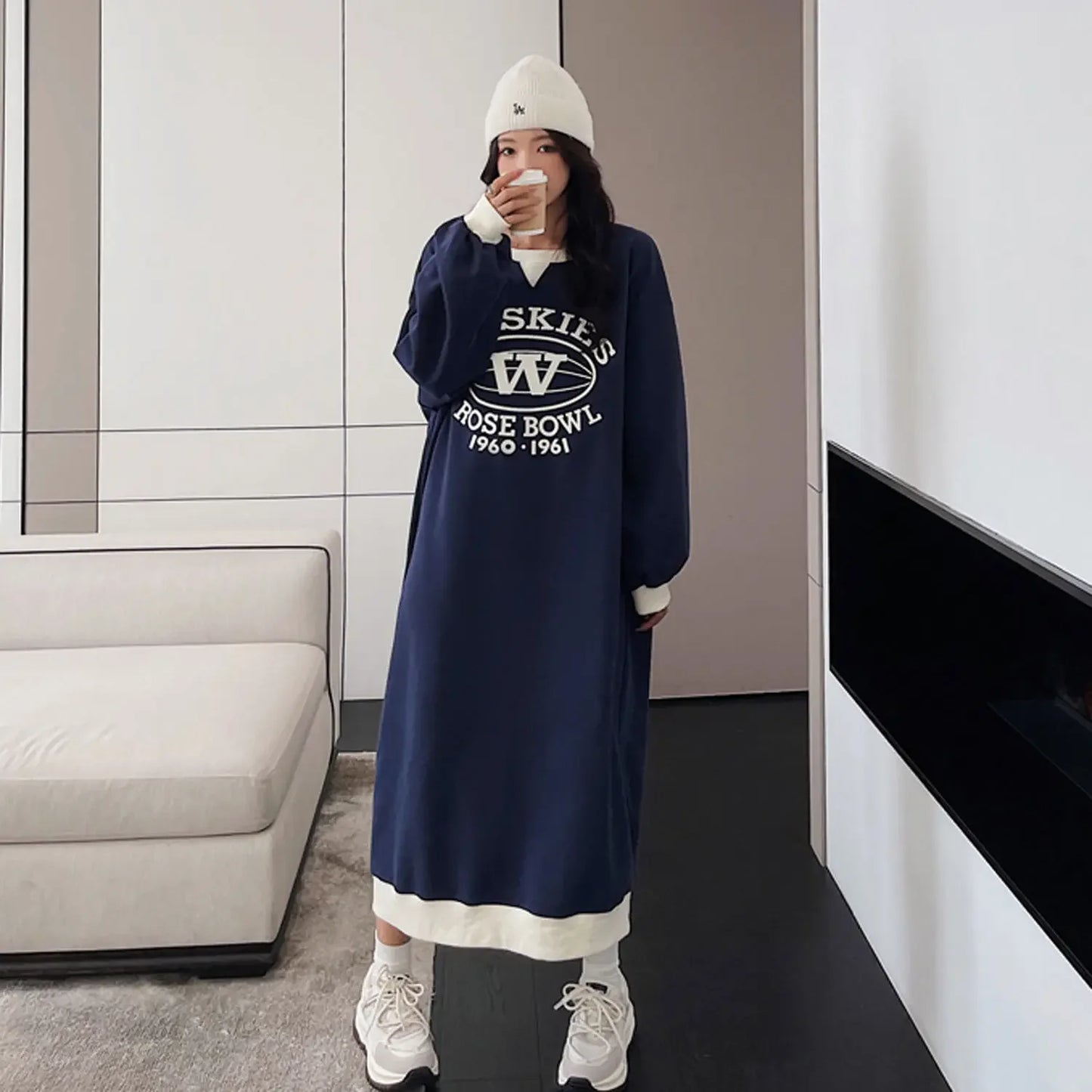 LVSANW 2025 New O-neck Pullovers Autumn Winter Thin Fashion Loose Long Dress Streetwear Dresses Printing Young Style Women's Clothing