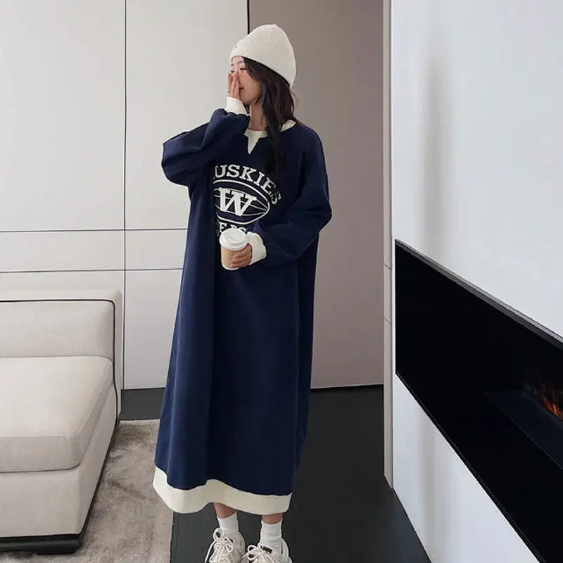 LVSANW 2025 New O-neck Pullovers Autumn Winter Thin Fashion Loose Long Dress Streetwear Dresses Printing Young Style Women's Clothing