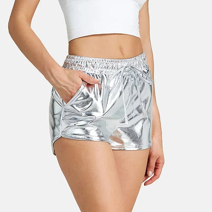 LVSANW 2024 New Popular Hot Gold Beach Pants European and American Sexy Night Show Metal Reflective Trendy Shorts for Women