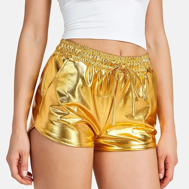 LVSANW 2024 New Popular Hot Gold Beach Pants European and American Sexy Night Show Metal Reflective Trendy Shorts for Women