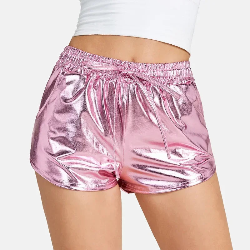 LVSANW 2024 New Popular Hot Gold Beach Pants European and American Sexy Night Show Metal Reflective Trendy Shorts for Women