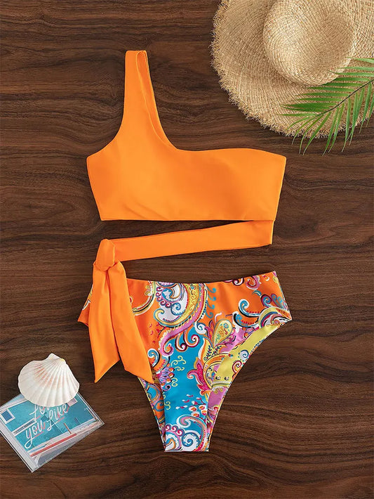 LVSANW 2024 New Push Up Single Shoulder Stripe Women Bikini Set High Cut Printed Bottom Padded Swimwear Summer Beachwear Bathing Suit