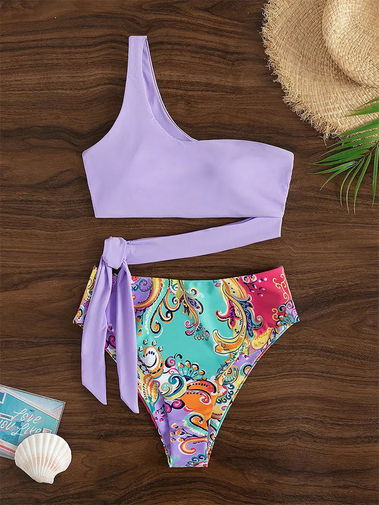 LVSANW 2024 New Push Up Single Shoulder Stripe Women Bikini Set High Cut Printed Bottom Padded Swimwear Summer Beachwear Bathing Suit