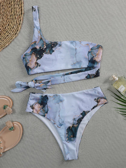 LVSANW 2024 New Push Up Single Shoulder Stripe Women Bikini Set High Cut Printed Bottom Padded Swimwear Summer Beachwear Bathing Suit