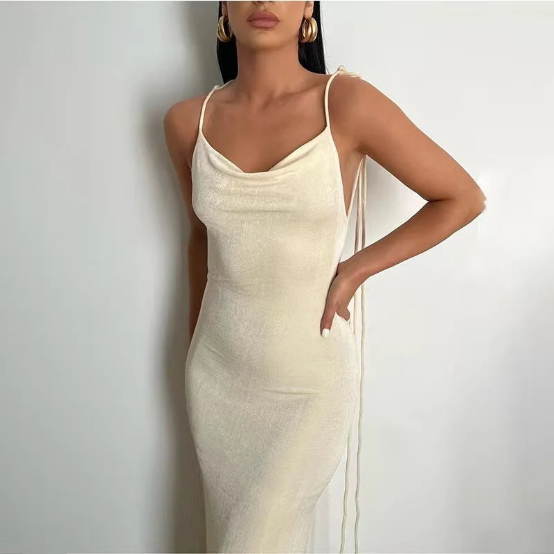 LVSANW 2024 New Sexy Solid Backless Maxi Dress Women Elegant Spaghetti Strap Slim Dress Female Summer Holiday Beach Party Dresses