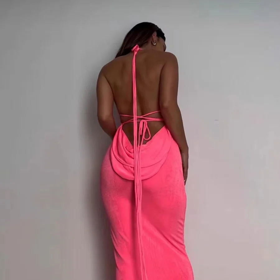 LVSANW 2024 New Sexy Solid Backless Maxi Dress Women Elegant Spaghetti Strap Slim Dress Female Summer Holiday Beach Party Dresses