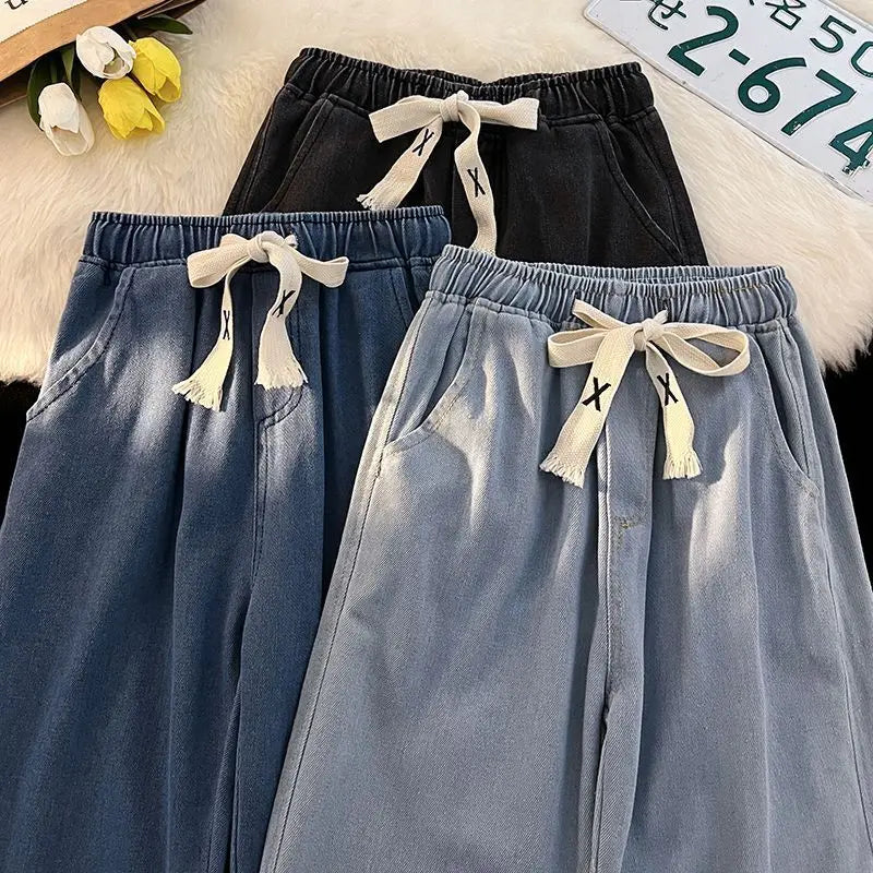 LVSANW 2024 New Spring And Winter Wide-leg Jeans Women Loose Straight Leg All Draped Trousers Students High-waisted Nine-point Pants