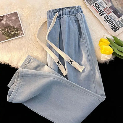 LVSANW 2024 New Spring And Winter Wide-leg Jeans Women Loose Straight Leg All Draped Trousers Students High-waisted Nine-point Pants