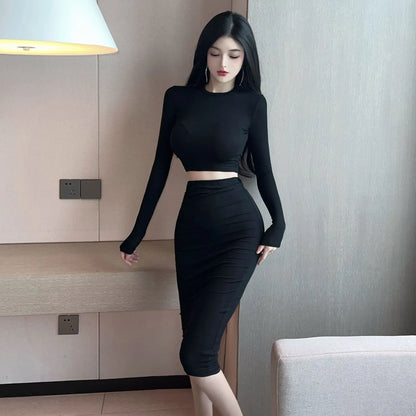 LVSANW 2024 Sexy Spicy Girl Bold Hollow Out Elegant Fashion Gentle Skirt Set Short Long Sleeve Top High Waist Skirt Set Female AIWB