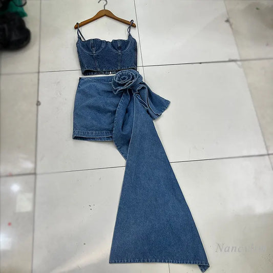 LVSANW 2024 Summer Denimwear Skirts Sets 2 Piece Set New Fashion Cool Street Camisole + Three-Dimensional Flower Ribbon Denim Skirt Ins