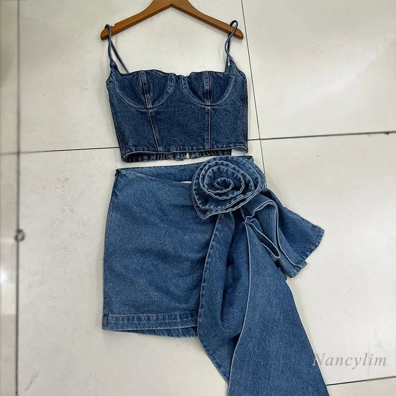 LVSANW 2024 Summer Denimwear Skirts Sets 2 Piece Set New Fashion Cool Street Camisole + Three-Dimensional Flower Ribbon Denim Skirt Ins