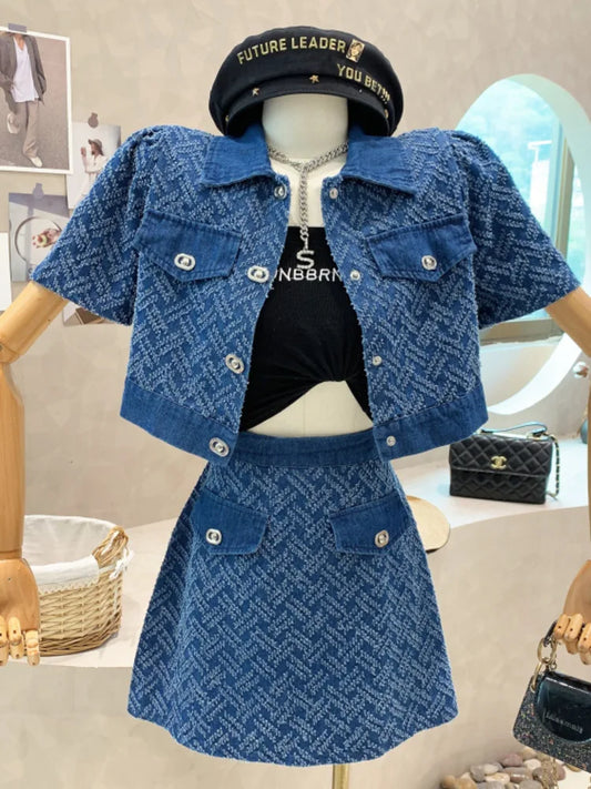 LVSANW 2024 Summer New Street Fashion Women's Suit With Skirt Denim Short Sleeve Top Sweet Girl Female Blue Plaid Skirt 2 Piece Set