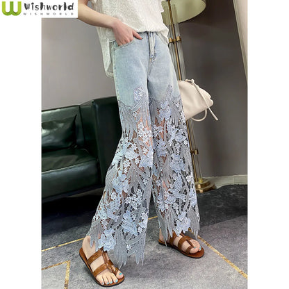 LVSANW 2024 Summer New Vintage Flower Hollowed-out Jeans Cool Pants Women's Pants Loose Street Casual Trousers