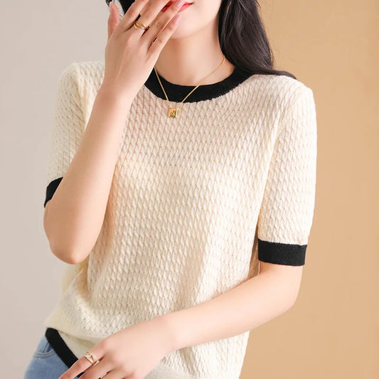 LVSANW 2024 Summer New Women's T-Shirt Wool Sweater Knitted Short Sleeve Casual Loose Women's Top Round Neck T-shirt Loose Fashion Shir