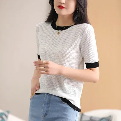 LVSANW 2024 Summer New Women's T-Shirt Wool Sweater Knitted Short Sleeve Casual Loose Women's Top Round Neck T-shirt Loose Fashion Shir