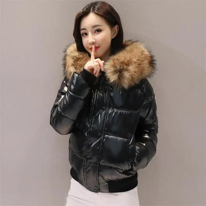 LVSANW 2024 Winter Jacket Women glossy Soft Down Jacket Big Aritificial Fur Waterproof Coat Female Short Outwear Thick Warm Down Parka