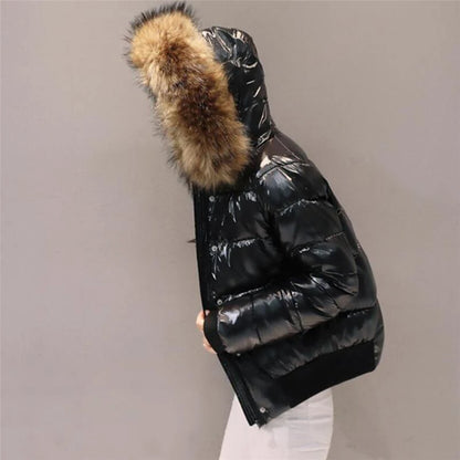 LVSANW 2024 Winter Jacket Women glossy Soft Down Jacket Big Aritificial Fur Waterproof Coat Female Short Outwear Thick Warm Down Parka