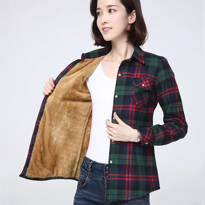 LVSANW 2024 Winter New Plus Thick Women's Warm Plaid Shirt Coat Lady Casual Fleece Velvet Jacket Tops Hot Women Clothes Outerwear