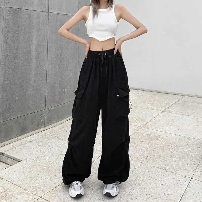 LVSANW 2024 Women Casual Joggers Tech Pants Solid Low Waist Pants Drawstring Wide Leg Baggy Trousers Y2k Streetwear Oversize Sweatpants