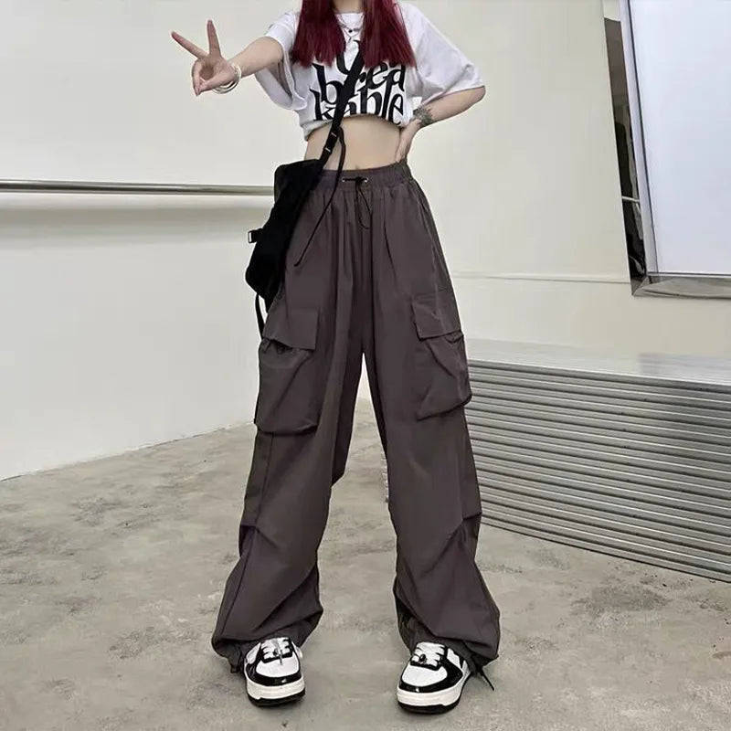 LVSANW 2024 Women Casual Joggers Tech Pants Solid Low Waist Pants Drawstring Wide Leg Baggy Trousers Y2k Streetwear Oversize Sweatpants