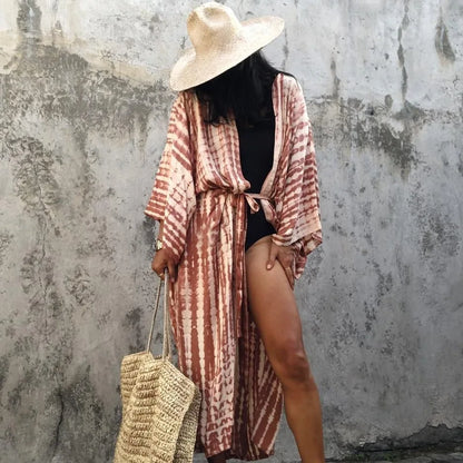 LVSANW 2024 Women's Boho Stripe Tie Dye Swimsuit Cover Up with Belt Tunic Sarong Cardigan Dress Bikini Cover-ups Beach Wear Kimono