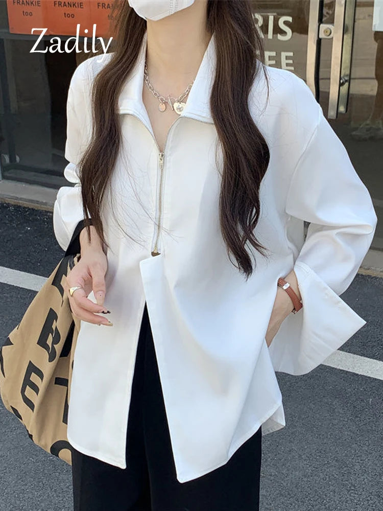 LVSANW 2024 Autumn Streetwear Long Sleeve White Shirt and Blouse Women Minimalist Zipper Oversize Ladies Shirts Female Clothing Y2K Top