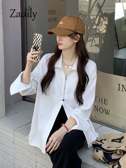 LVSANW 2024 Autumn Streetwear Long Sleeve White Shirt and Blouse Women Minimalist Zipper Oversize Ladies Shirts Female Clothing Y2K Top