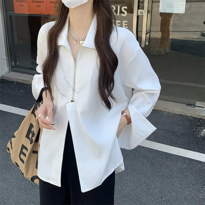 LVSANW 2024 Autumn Streetwear Long Sleeve White Shirt and Blouse Women Minimalist Zipper Oversize Ladies Shirts Female Clothing Y2K Top