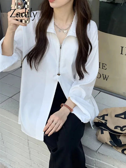 LVSANW 2024 Autumn Streetwear Long Sleeve White Shirt and Blouse Women Minimalist Zipper Oversize Ladies Shirts Female Clothing Y2K Top