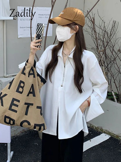 LVSANW 2024 Autumn Streetwear Long Sleeve White Shirt and Blouse Women Minimalist Zipper Oversize Ladies Shirts Female Clothing Y2K Top