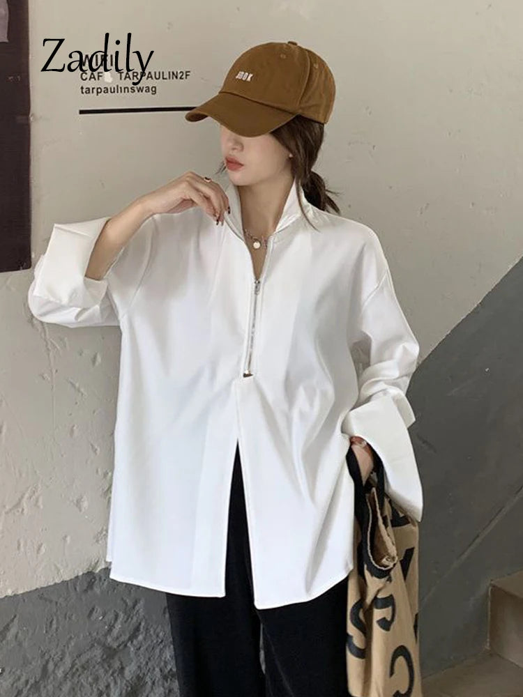 LVSANW 2024 Autumn Streetwear Long Sleeve White Shirt and Blouse Women Minimalist Zipper Oversize Ladies Shirts Female Clothing Y2K Top