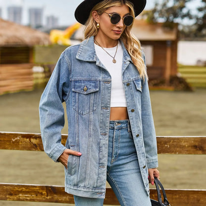 LVSANW 2024 Autumn Winter Classic Versatile Denim Jacket for Women Fashion Loose Mid Length Jeans Coat Casual Female Clothing S-2XL